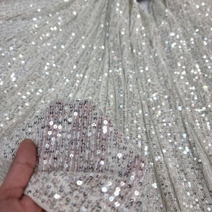 Silver Sequin Embroidery On Stretch Off white Mesh Fabric By The Yard Prom Bridal Quinceañera Backdrop