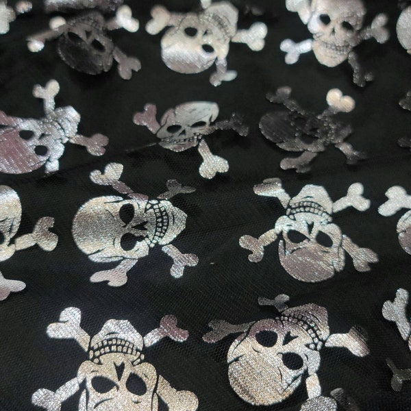 Silver Metallic Skulls On Black Mesh Hallowen Fabric Sold by the Yard Clothing Draping Decoration Pirate Skulls Telas Para Costura