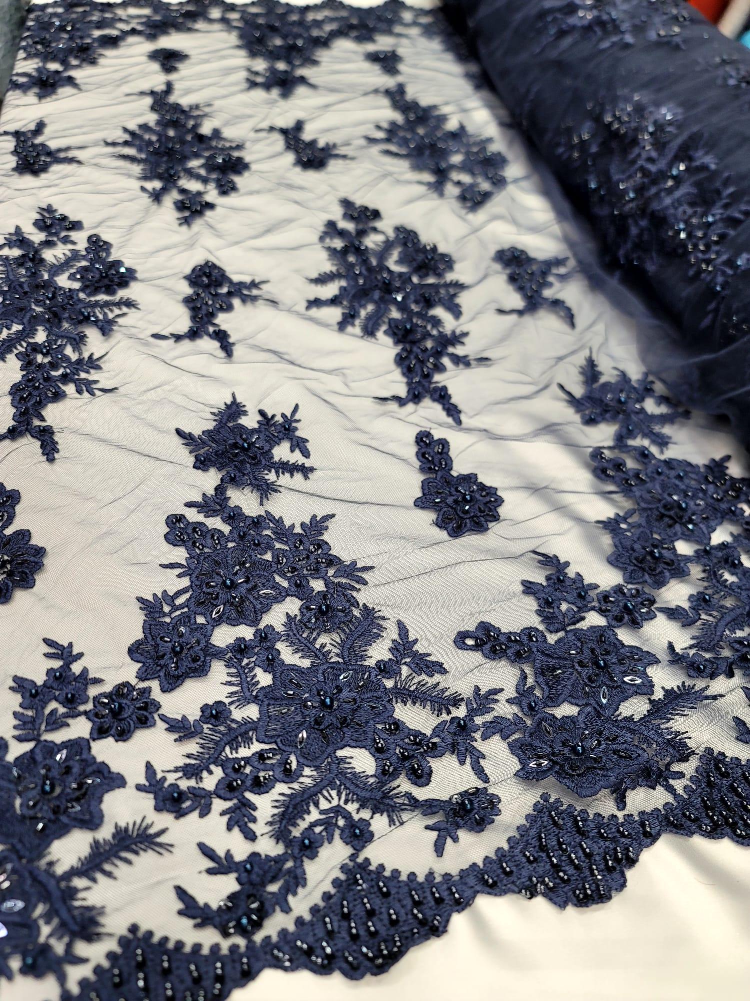 Navy Blue Embroidered 3d Lace 3d Floral Flowers Double Scalloped Prom ...