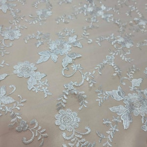 White Lace Embroidery Floral Flowers Fabric By The Yard Gown Bridal Evening Dress Double Scalloped Wedding Lace