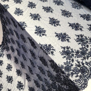 Navy Blue Beaded Lace Embroidery Floral Flowers Fabric by the Yard ...