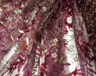 Plum Sequin Lace Fabric, Gold Floral Embroidered Mesh, Sold by the Yard