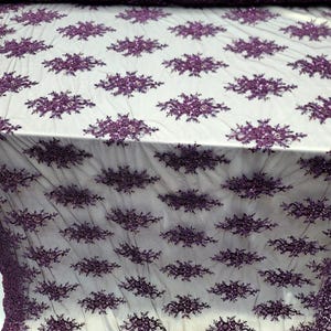 Purple Beaded Lace Floral Flowers Embroidery Fabric Sold by the Yard Soft Gown Prom Dress Draping Decoration Clothing Scalloped