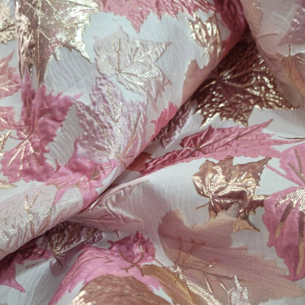 Pink Metallic Pink Brocade Dusty Rose Gold Mapple Leaves Jacquard Fabric Sold by the Yard Prom Gown Bridal Evening Dress Draping Apparel