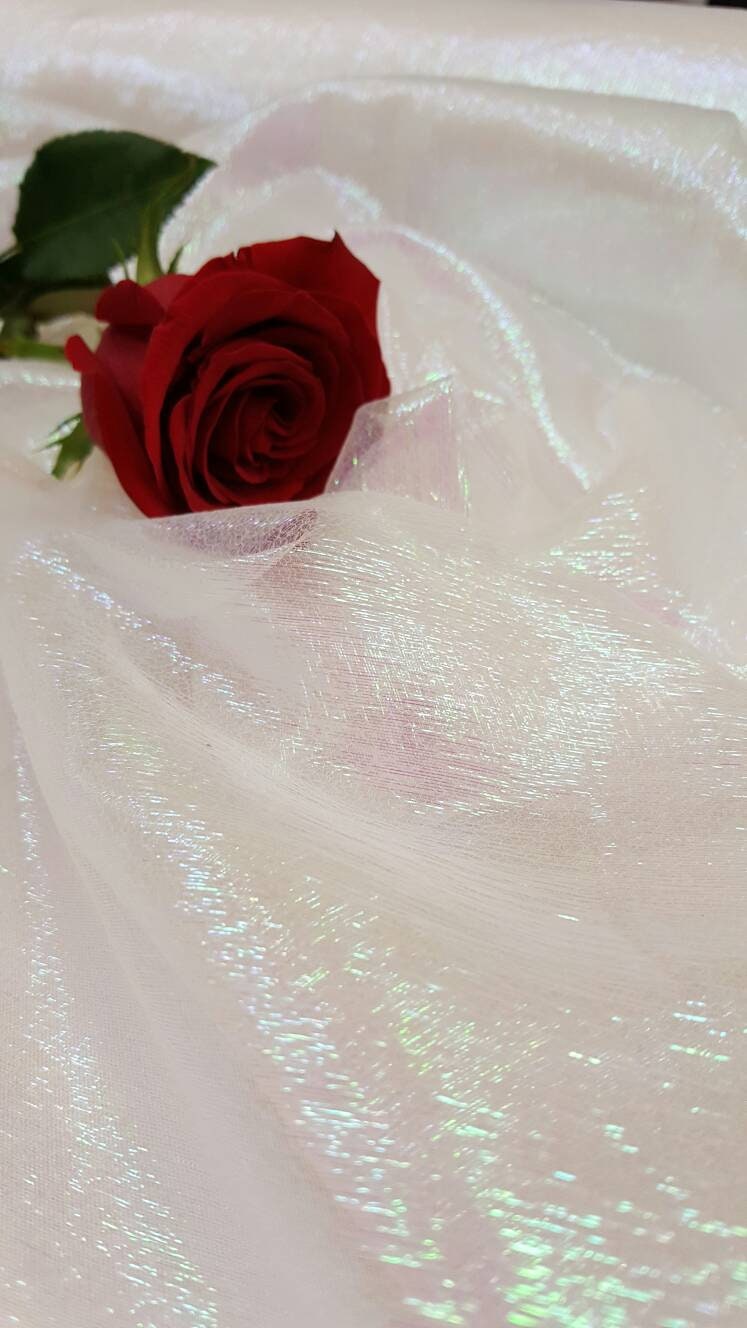 White iridescent Sheer crinkle organza fabric sold by the yard party decoration clothing draping dress dancer fabric pearlized