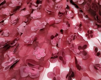 Burgundy Lace Embroidery 3d Butterflies Satin Floral Flowers Fabric Sold By The Yard Gown Quinceañera Bridal Evening Dress