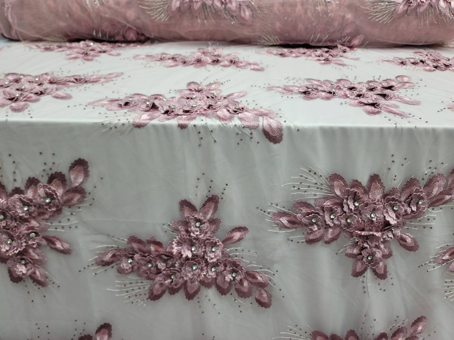 Dusty Rose Rhinestone Dusty Rose 3d Floral Beaded Lace Rhinestones on Mesh Fabric Sold by the ...