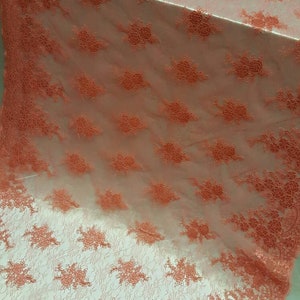 Coral embroidered lace Prom fabric sold by the yard double scalloped floral flowers on chantelly soft lace bridal dress Quinceañera