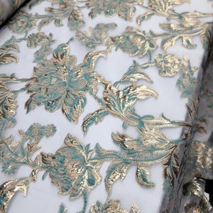 Sage Gold Floral Brocade On White Organza Fabric by Yard Floral Flowers Decoration Clothing Draping Prom Quinceañera