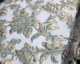 Sage Gold Floral Brocade On White Organza Fabric by Yard Floral Flowers Decoration Clothing Draping Prom Quinceañera