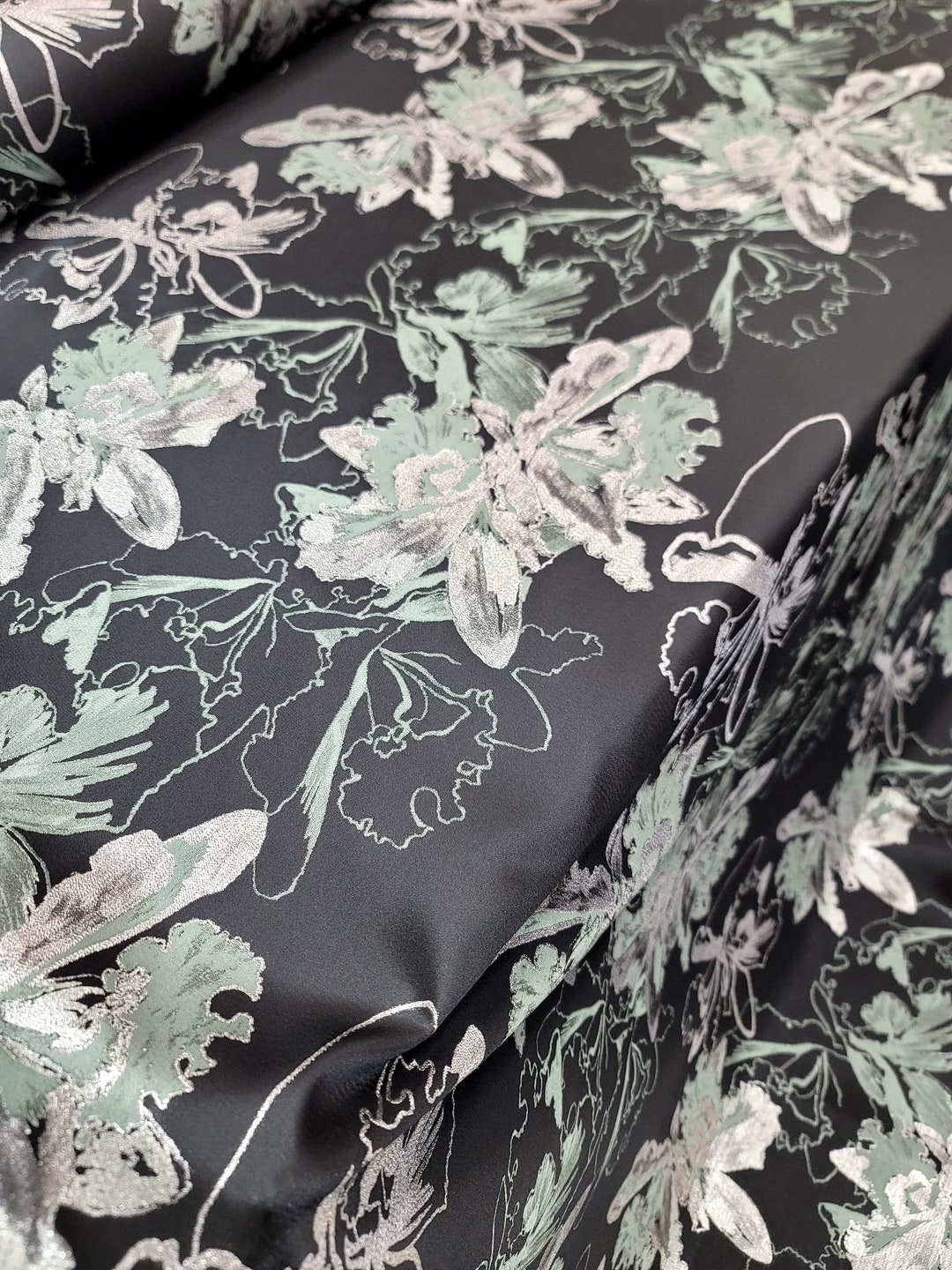 Jacquard Brocade Fabric with Metallic Floral Vines and Raised Texture, Available in 7 Luxe Colors main image 1