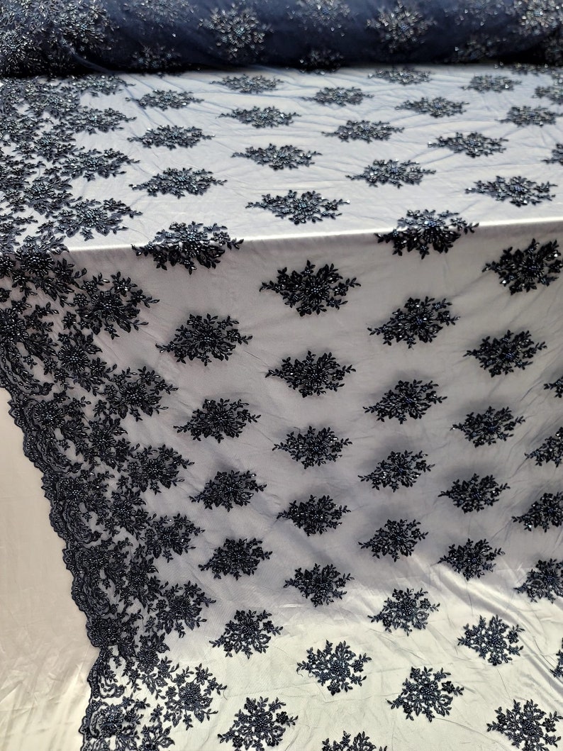 Navy Blue Beaded Lace Embroidery Floral Flowers Fabric by the Yard ...