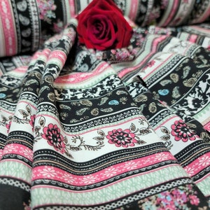 Rayon Challis Multicolor Pink Floral Flowers Paisleys Stripes White Background Fabric By The Yard Flowy Dress Clothing Flowy Light Weight