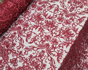 Burgundy Beaded Lace  Embroidered Swirl Flowers Floral Sequin Mesh Fabric Sold By The Yard Prom Bridal Evening Dress Quinceañera