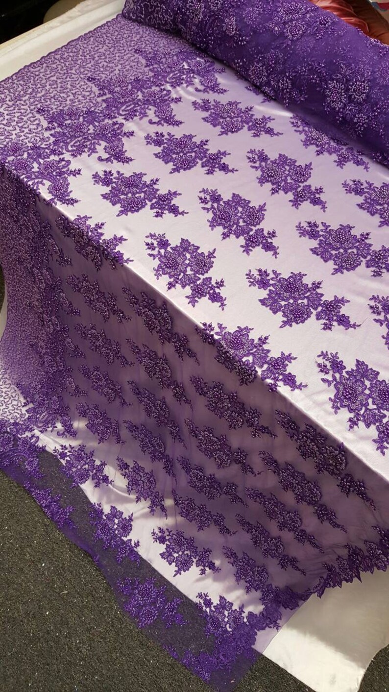 purple beaded lace fabric