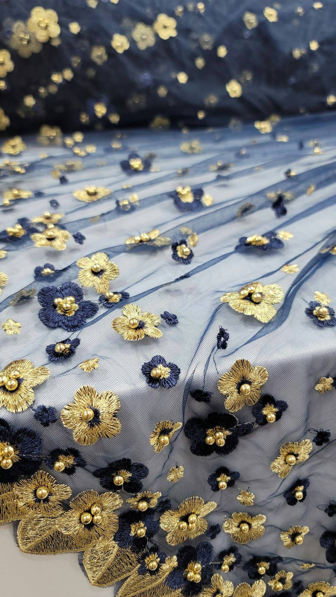 Navy Blue Lace Gold Floral on Mesh Prom Fabric Sold by the Yard ...