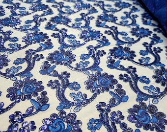 Royal Blue Lace Floral flowers Sequins Embroidery Mesh Prom Quinceañera Drees Bridal Fabric Sold by the Yard Gown Fashion