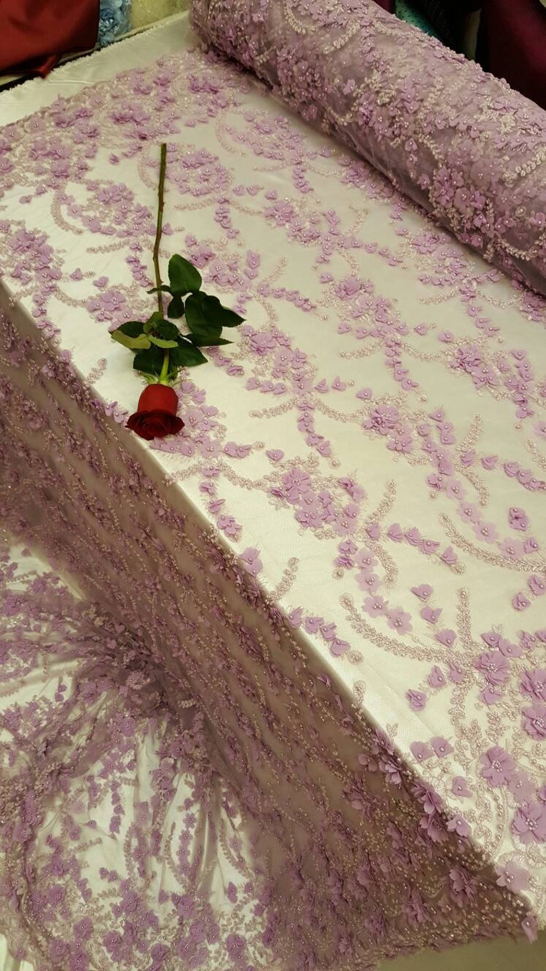 Lavander Hand beaded lace 3d floral flowers Prom fabric sold by the yard double scalloped Gown Quincea\u00f1era bridal Evening dress