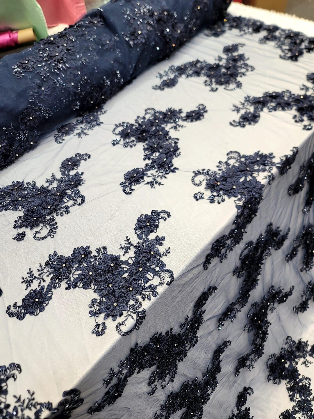 Navy Blue Embroidered 3d Lace 3d Floral Flowers Double Scalloped Prom ...