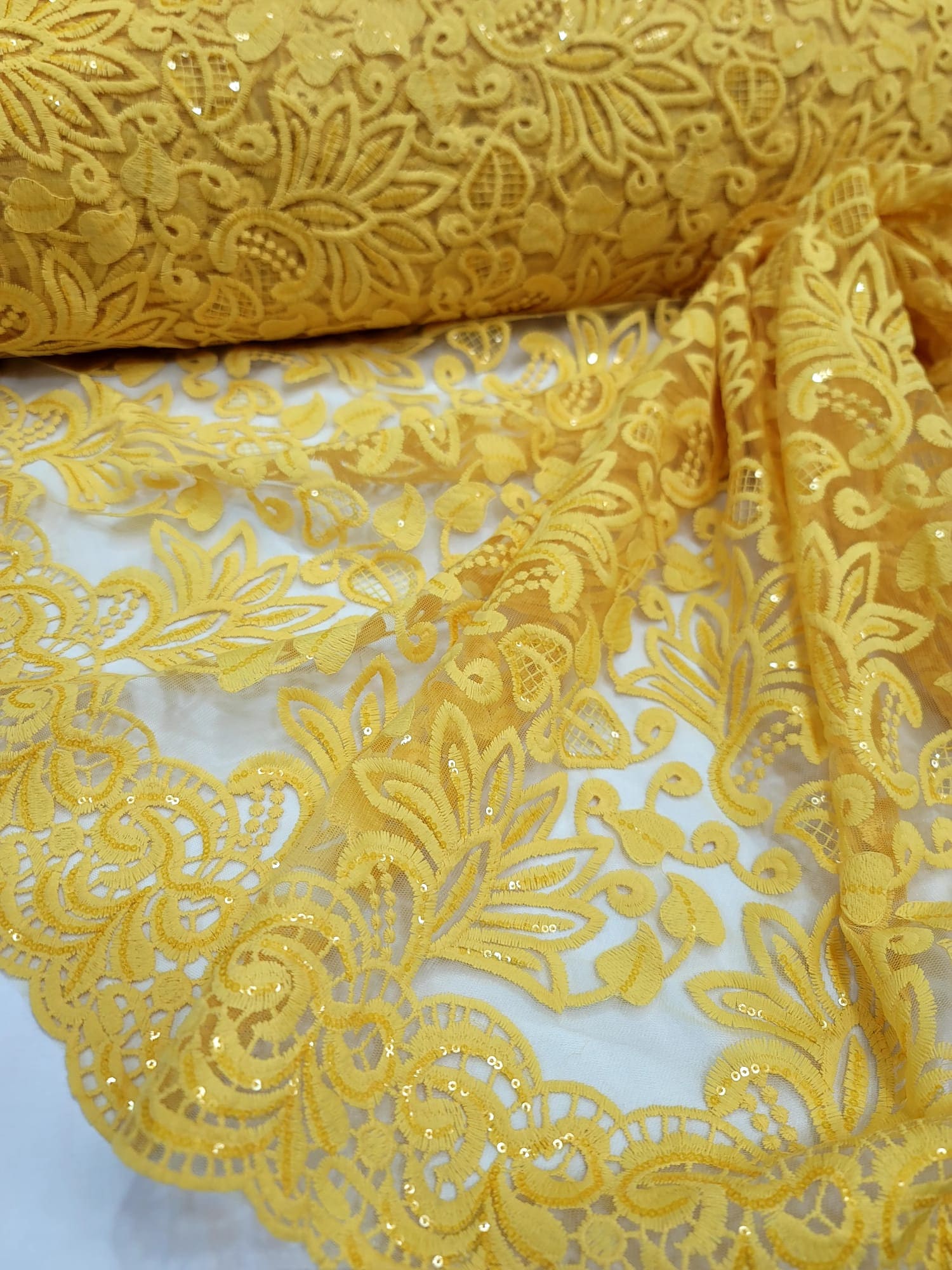 Yellow Floral Flowers Embroidered Lace Clear Sequins Prom Fabric Sold By The Yard Gown Quinceañera Bridal Dress Scallops Double Border