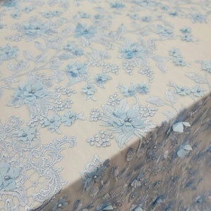 Sky Blue Beaded Lace 3D Floral Flowers Pearls On Mesh Bridal Fabric Sold by the Yard Gown Quinceañera Prom Dress