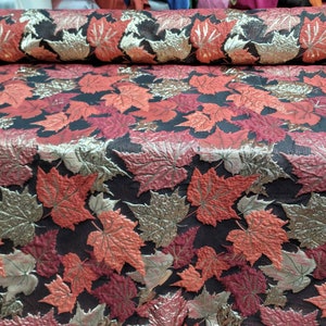 Brocade Gold and Burgundy Brocade Mapple Leaves Fabric by the Yard Gown Quinceañera Bridal Evening Dress