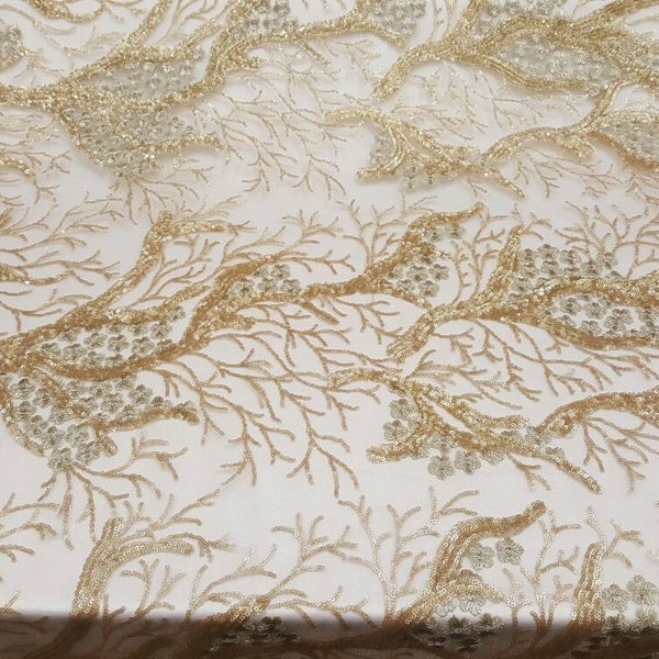 Gold embroidery lace  floral flowers sequin on mesh fabric sold by the yard wong prom drees tree embroidered  sequin lace