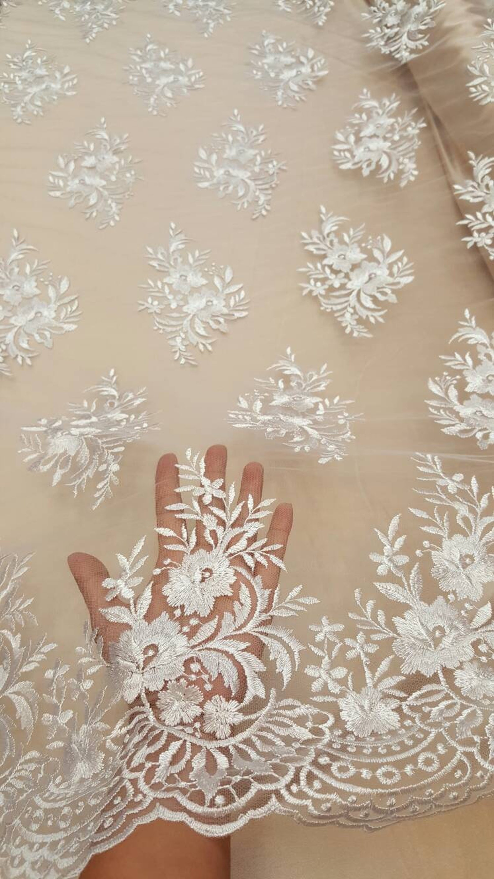 White Embroidered Lace Fabric by the Yard Floral Flowers Etsy
