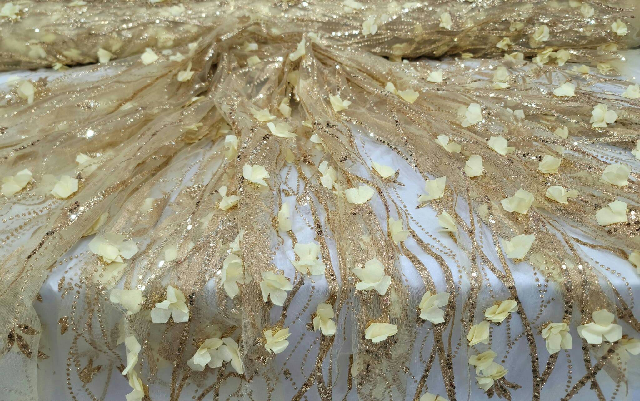 Gold Sequin Lace 3d Floral Flowers Embroidered Glitter Prom Fabric Sold ...