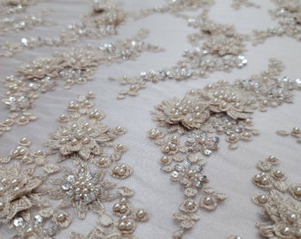 Champagne Hand Beaded Lace Floral Flowers Embroidered on Mesh Pearls Prom Fabric Sold by the Yard Gown Quinceañera Bridal Evening Dress