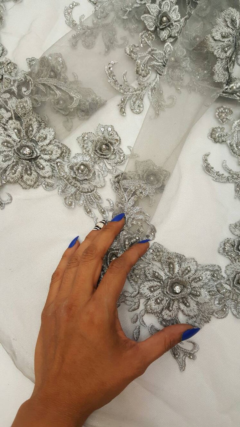 Silver lace 3d floral flowers embroidered on mesh rinesthone sequin pearl fabric sold by the yard wedding gown gorgeous prom dress Evening