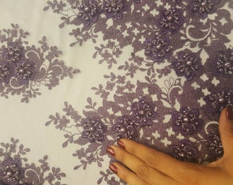 Purple hand beaded lace 3d  floral flowers embroidered doble scalloped  pearls fabric sold by the yard gown Quinceañera bridal Evening dress