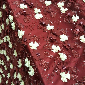 Burgundy Ivory Lace hand beaded 3d satin floral flowers embroidered on mesh sequin double scalloped fabric by the yard Quinceañera bridal