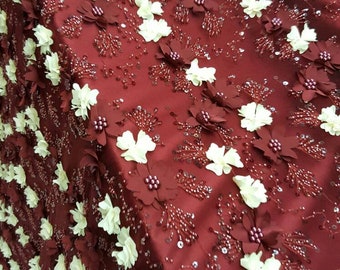 Burgundy Ivory Lace hand beaded 3d satin floral flowers embroidered on mesh sequin double scalloped fabric by the yard Quinceañera bridal