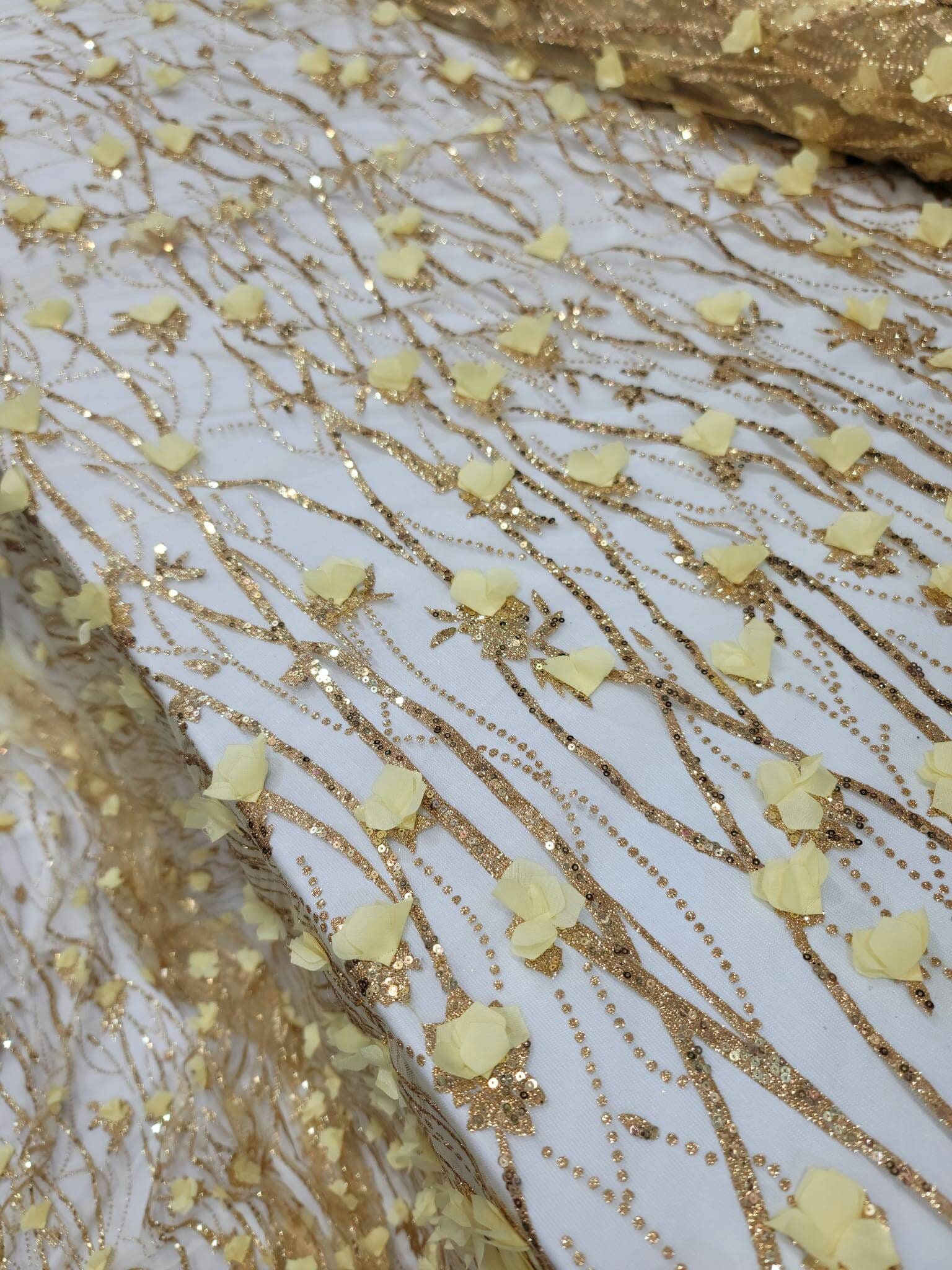 Gold Sequin Lace 3d Floral Flowers Embroidered Glitter Prom Fabric Sold ...