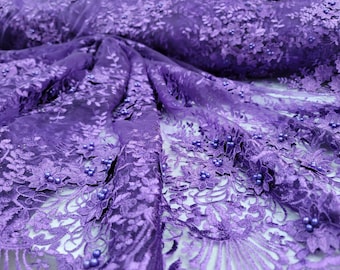 Purple Beaded 3D Floral Embroidery Lace Fabric, Soft Gown Draping, Sold by the Yard