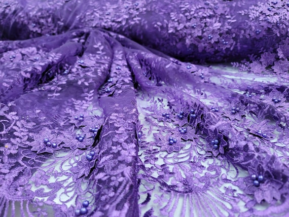 Purple Beaded Lace 3d Floral Flowers Embroidery Fabric Sold by the
