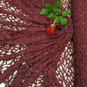 Burgundy Hand beaded Lace  Embroiderey on mesh Prom fabric sold by the yard gown Quinceañera bridal Evening dress Gorgeous Fashion Lace