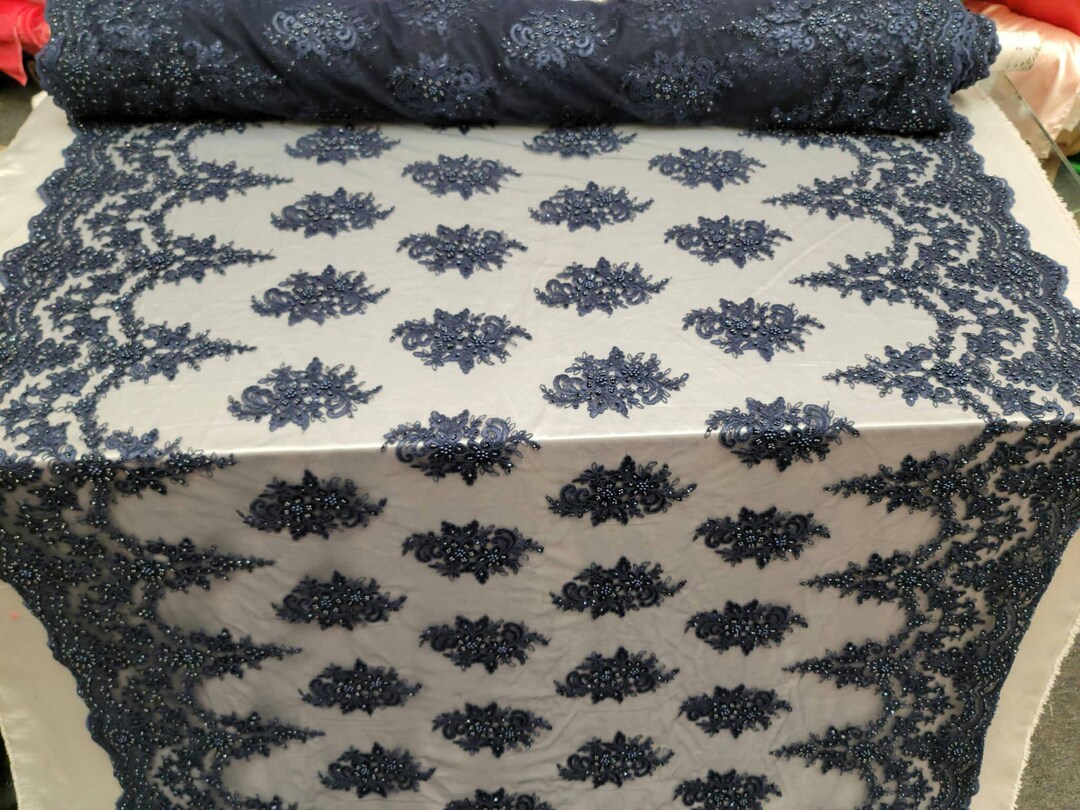 Navy Blue Beaded Lace Embroidery Floral Flowers Fabric by the Yard ...