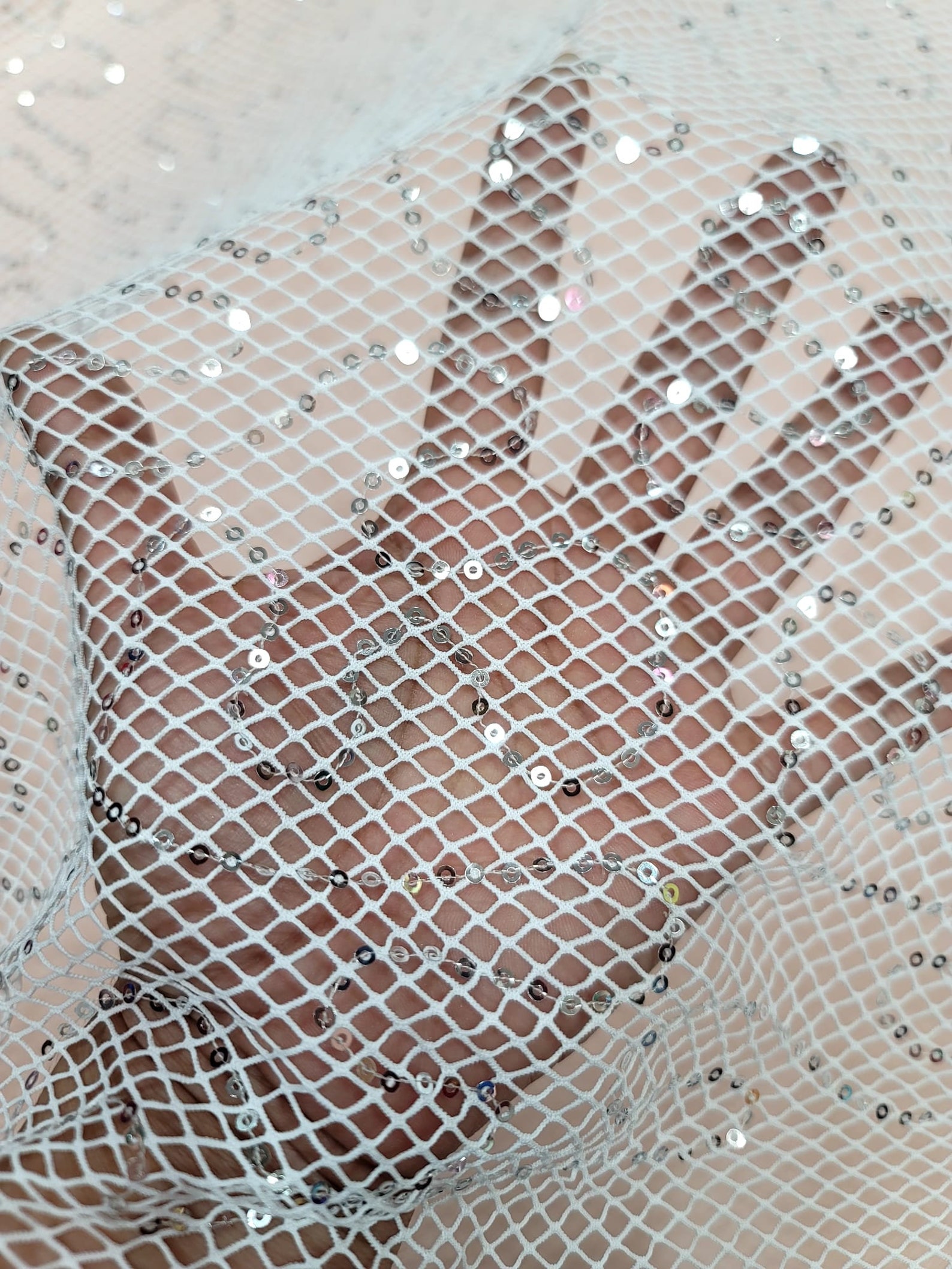 White Fish Net Stretch Silver Sequins Fabric Sold by the Yard Fashion ...