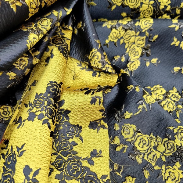 Yellow Brocade Flowers Floral Textured On Black Background Prom Fabric Sold By The Yard Wedding Gown Bridal Evening Dress