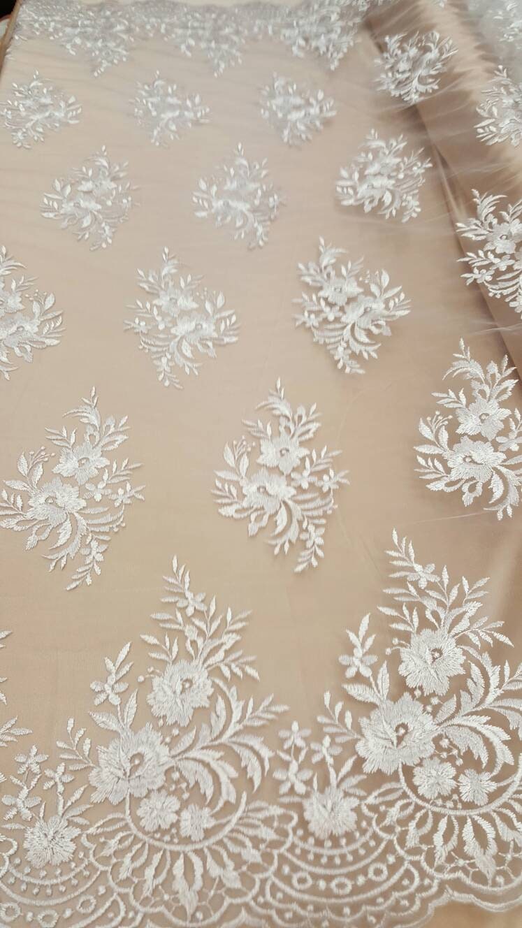 White Embroidered Lace Fabric by the Yard Floral Flowers Etsy