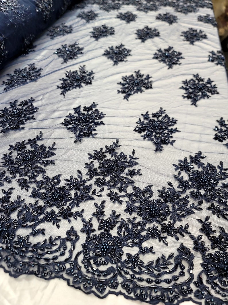 Navy Blue Beaded Lace Embroidery Floral Flowers Fabric by the Yard ...
