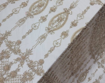 Champagne Beaded Lace Embroidery Floral Fabric - Bridal, Prom Gown