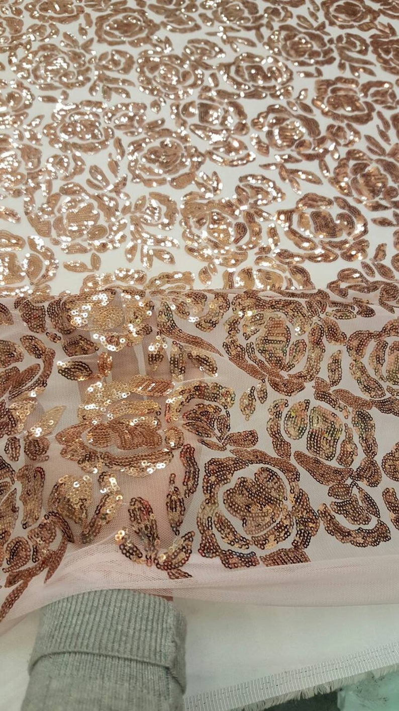 Rose Gold Sequin Lace Fabric, Blush Mesh Rose Embroidery - Etsy