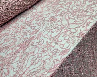 Pink Beaded Embroidery lace Floral Flowers on Mesh Fabric Sold by the Yard Gown Quinceañera Bridal Evening Dress Damask Victorian Vintage