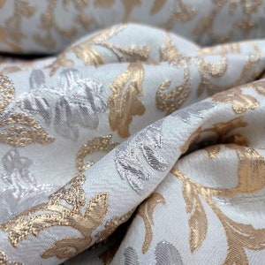 Silver Brocade Fabric by the Yard 57 Inches Wide Fabric Gold Metallic Floral Swirls Fashion For Dress Upholstery