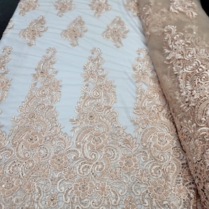 Peach Embroidery lace Floral Flowers on Mesh Fabric Sold by the Yard Gown Quinceañera Bridal Evening Dress double scalloped brown beads