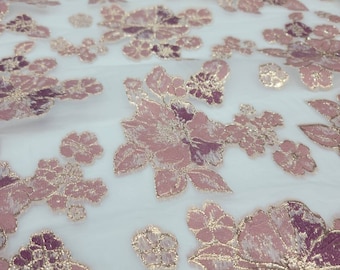 Mauve Dusty Rose Brocade Floral FlowersOn White Organza Prom Fabric Sold by the Yard Gown Bridal Fabric