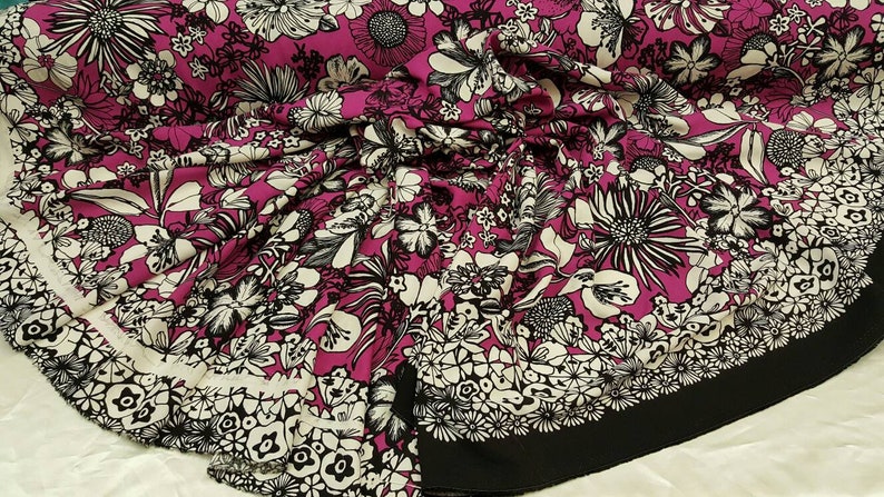 Rayon Challis Magenta Hawaiian Floral Flowers Design with 2 Borders Fabric Sold by the Yard Black White Soft Organic Flowy Rayon Tropical